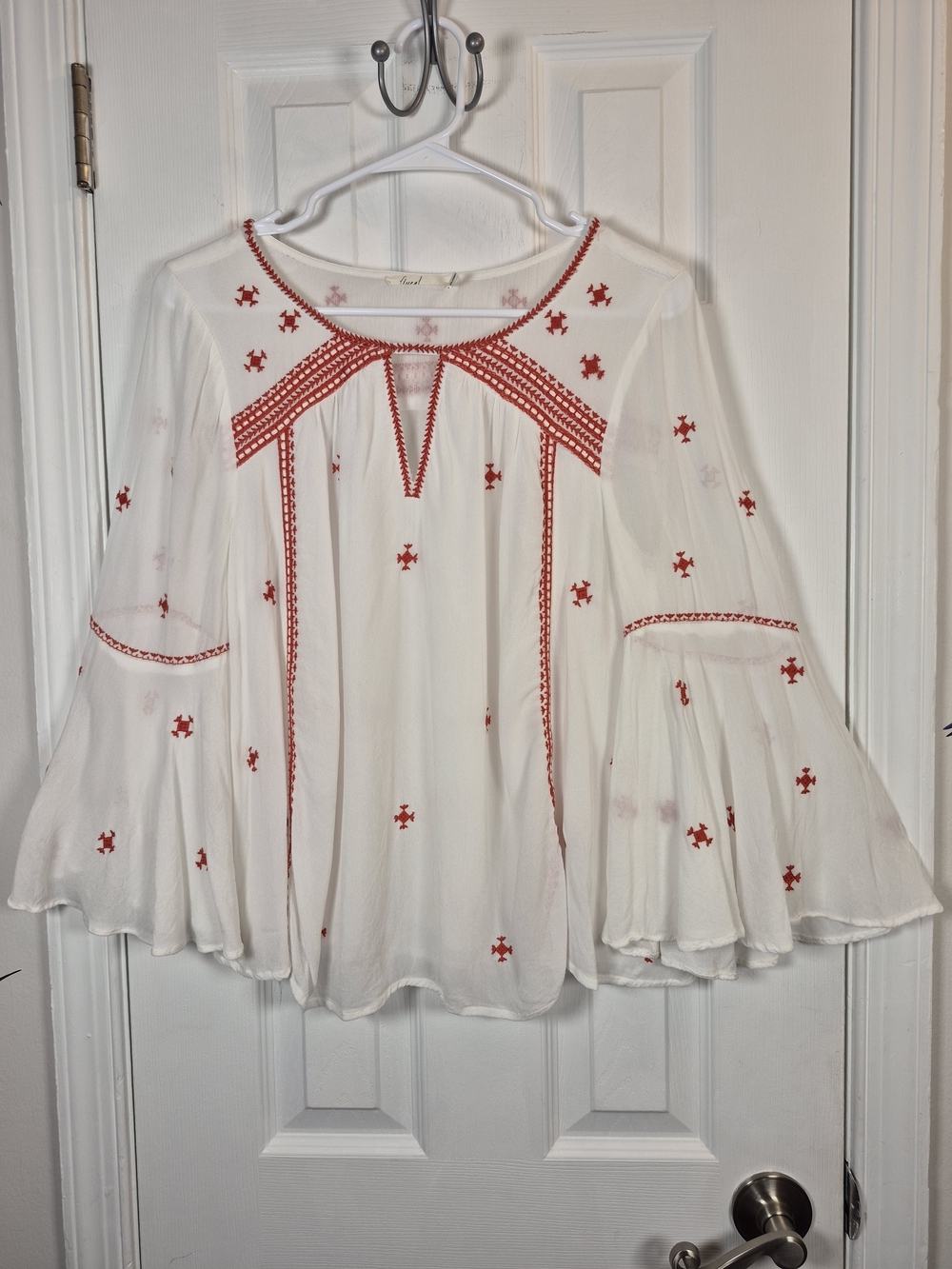 Anthropologie Floreat Adena Embroidered Peasant Blouse White Red Boho M